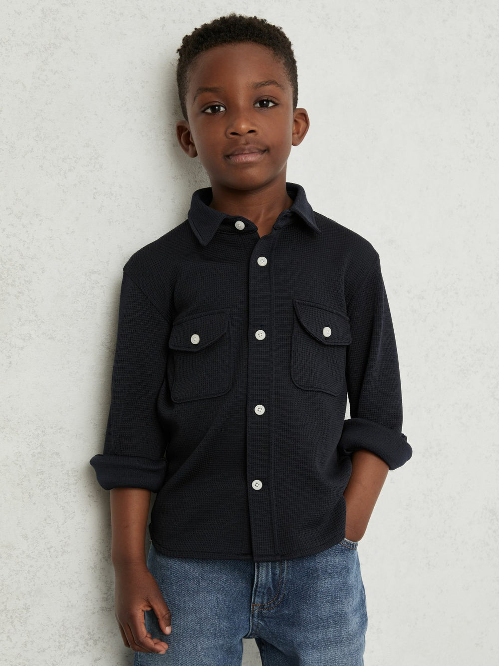 9-13 yrs Waffle-Textured Twin-Pocket Overshirt in Navy