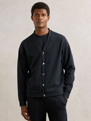 V-Neck Interlock Jersey Cardigan in Navy