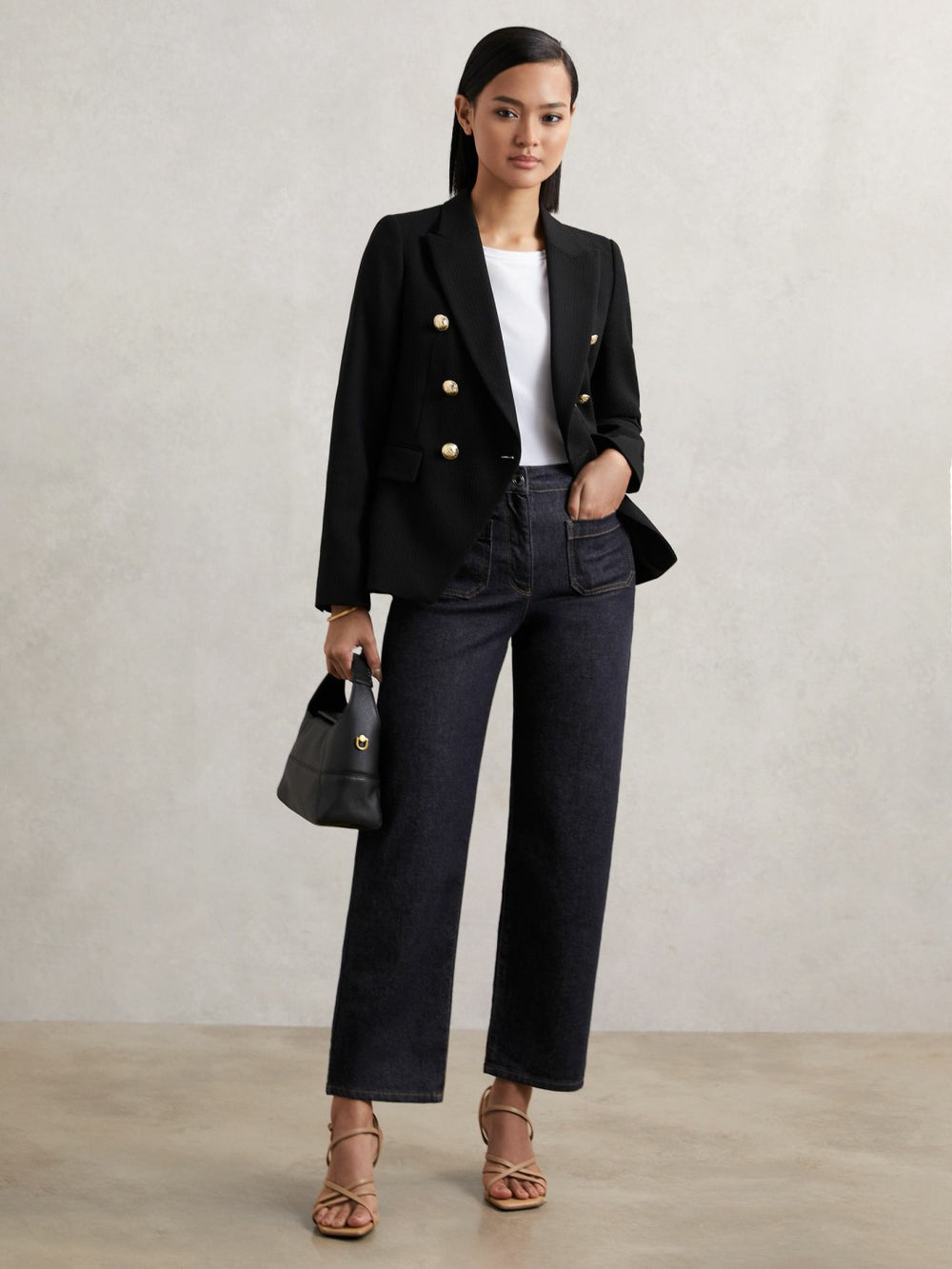 Petite Straight Leg Patch Pocket Jeans in Dark Blue