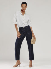 Petite Straight Leg Patch Pocket Jeans in Dark Blue