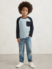 9-13 yrs Cotton Colour-Block Long-Sleeve T-Shirt in Navy Blue