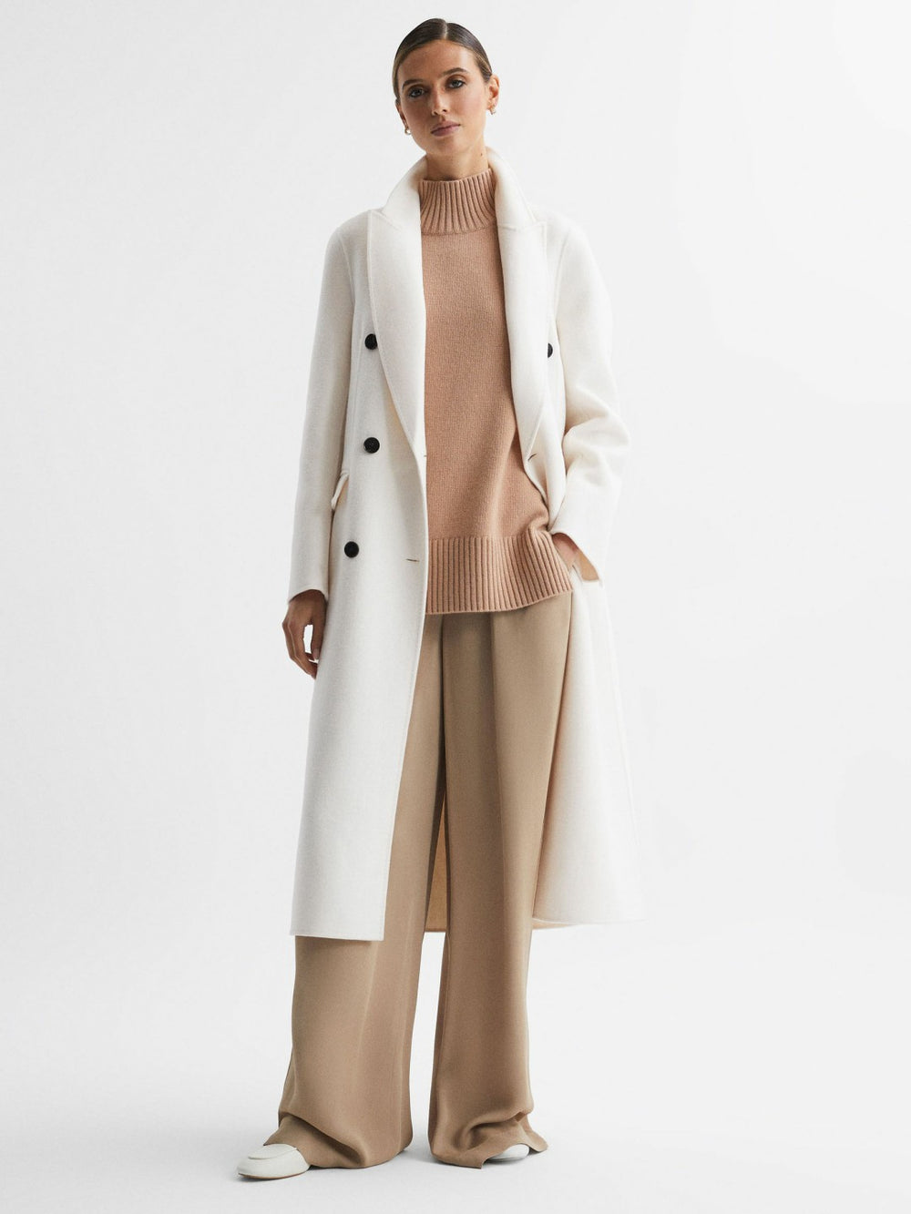 Petite Relaxed Wool Blend Blindseam Belted Coat in Cream