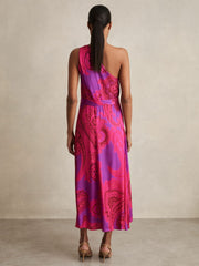 Paisley-Print One-Shoulder Midi Dress in Pink