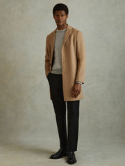 Wool Blend Single Breasted Epsom Overcoat in Camel