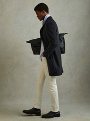 Wool Blend Single Breasted Epsom Overcoat in Navy