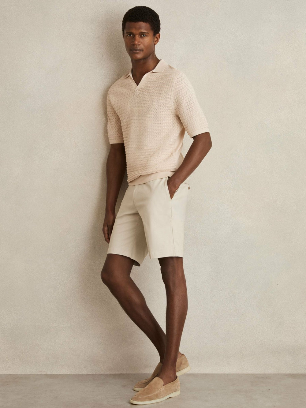 Pointelle Open-Collar Polo Shirt in Stone