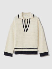 Wool Blend Open Collar Jumper in Cream/Navy