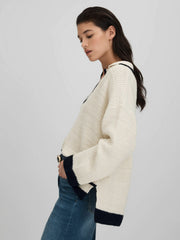 Wool Blend Open Collar Jumper in Cream/Navy