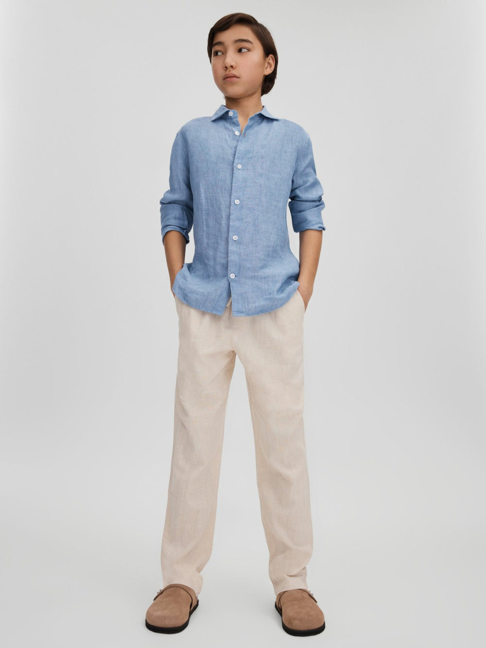 3-9 yrs Striped Linen Cutaway Collar Shirt in Sky Blue