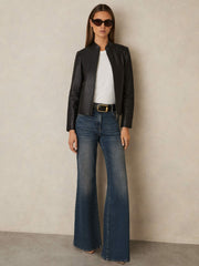 Leather Collarless Biker Jacket in Black