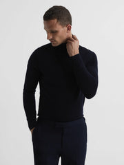 Slim Fit Merino Wool Roll Neck Jumper in Navy