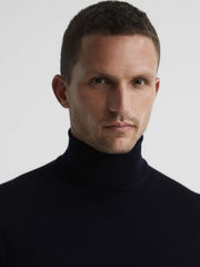 Slim Fit Merino Wool Roll Neck Jumper in Navy