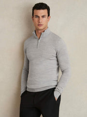 Merino Wool Half-Zip Jumper in Soft Grey Mouline
