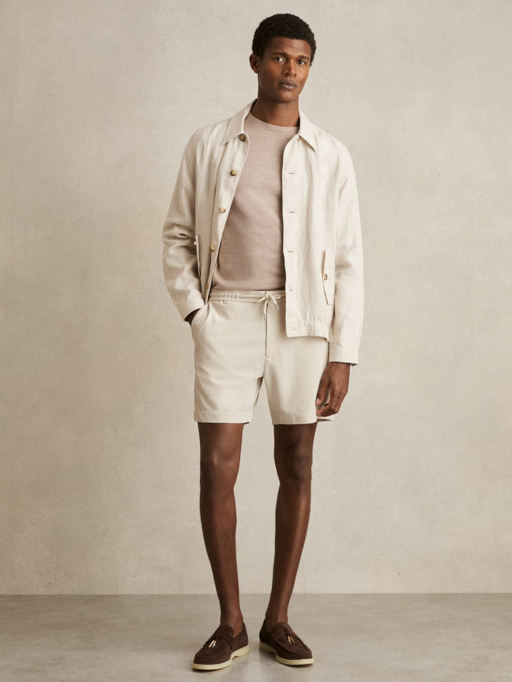 Textured Drawstring Shorts in Stone