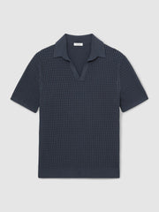 Micro-Cable Open-Collar Cotton-Blend Shirt in Dark Airforce Blue