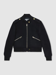 Brushed Wool Epaulette Bomber Jacket in Navy