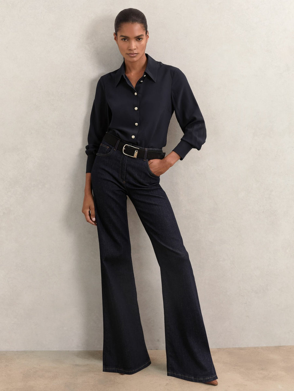 Silk Embossed-Button Shirt in Navy