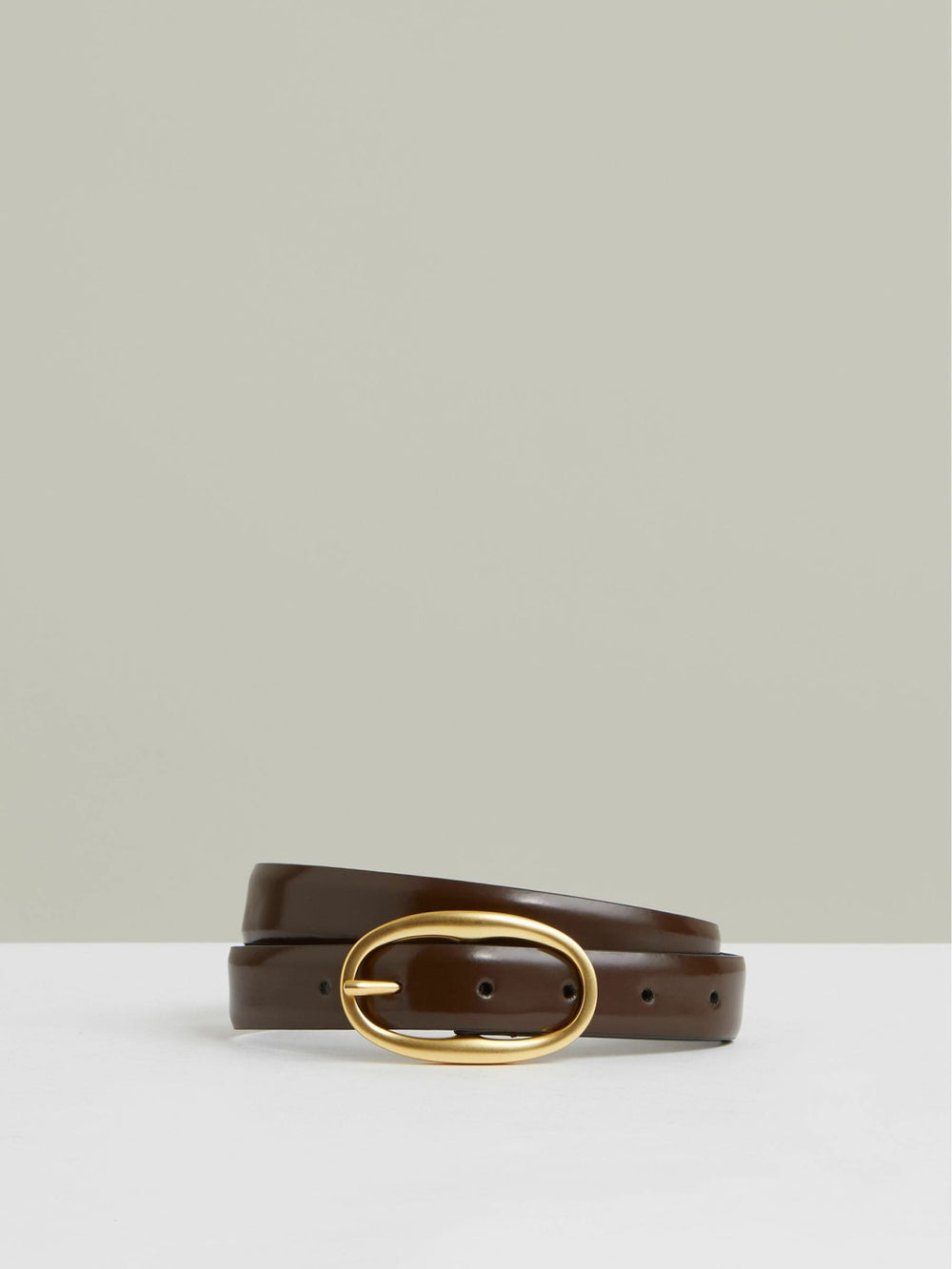 Patent Leather Oval Buckle Belt in Chocolate