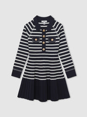 9-13 yrs Button-Detail Stripe Knitted Dress in Navy/White
