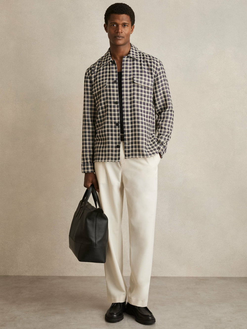 Woven Check Twin Pocket Overshirt in Navy/White