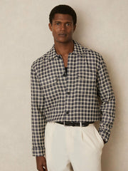 Woven Check Twin Pocket Overshirt in Navy/White