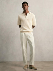 Oversize Textured Polo Shirt Cotton-Blend in Off White