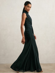 Sheer Ruched Maxi Dress in Teal