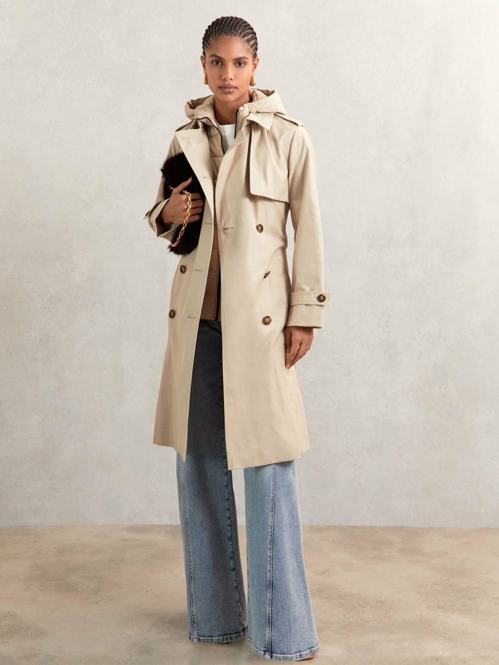 Petite Hooded Insert Trench Coat in Stone