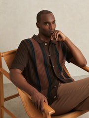 Cotton Textured-Knit Stripe Shirt in Brown Multi