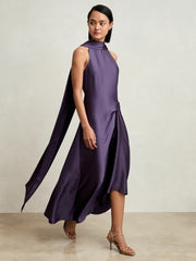 Satin Tuck-Detail Cape Midi Dress in Purple