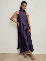 Satin Tuck-Detail Cape Midi Dress in Purple