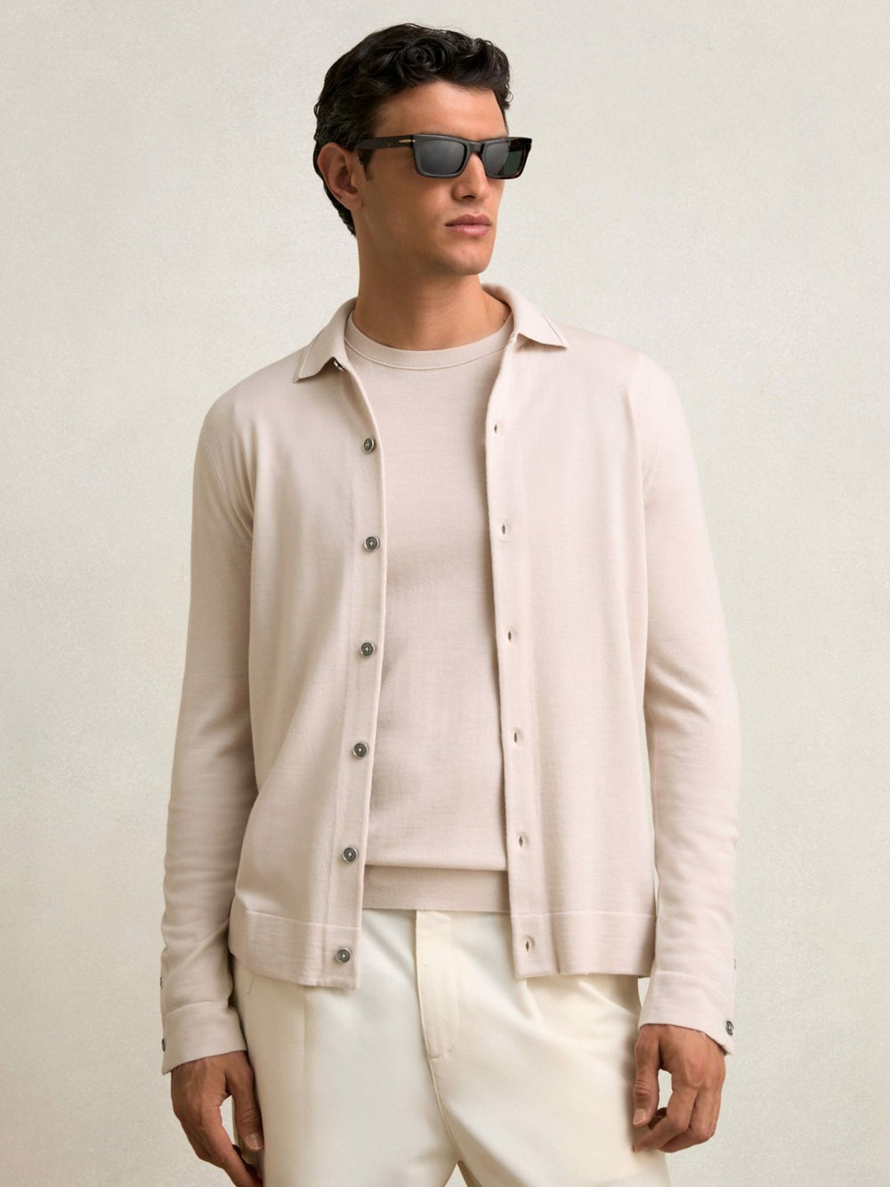 Merino Wool Button-Through Cardigan in Beige