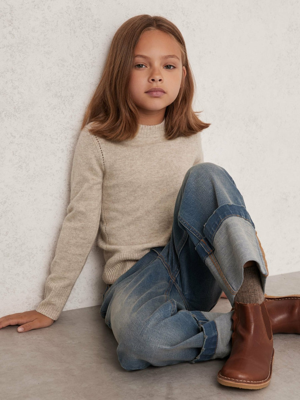9-13 yrs Wool-Blend Open-Stitch Jumper with Cashmere in Oatmeal