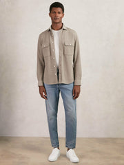 Textured Twin Pocket Cotton Blend Overshirt in Oatmeal Brown Melange