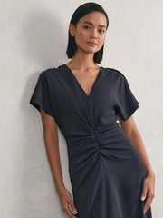 Ruched-Front Midi Dress in Navy