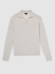 Merino Wool Open-Collar Polo Shirt in Wicker Brown Melange