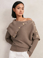 Rib-Knit Button Shawl Jumper in Taupe