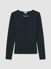 Chain-Detail Keyhole Knit Top in Navy
