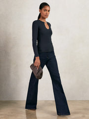 Chain-Detail Keyhole Knit Top in Navy