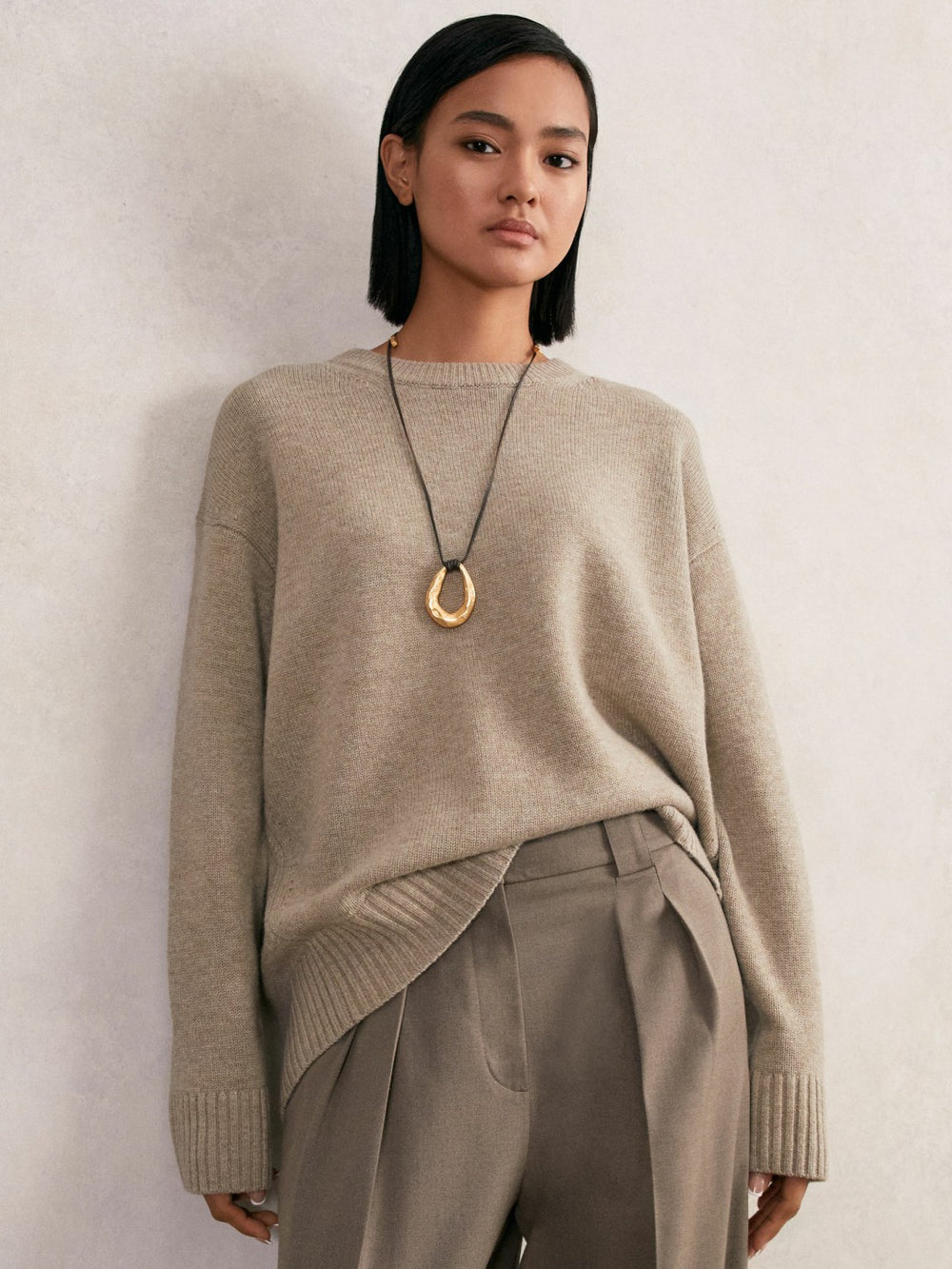 Wool-Cashmere Crew-Neck Jumper in Stone