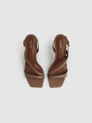 Leather Cross-Strap Heeled Sandals in Neutral