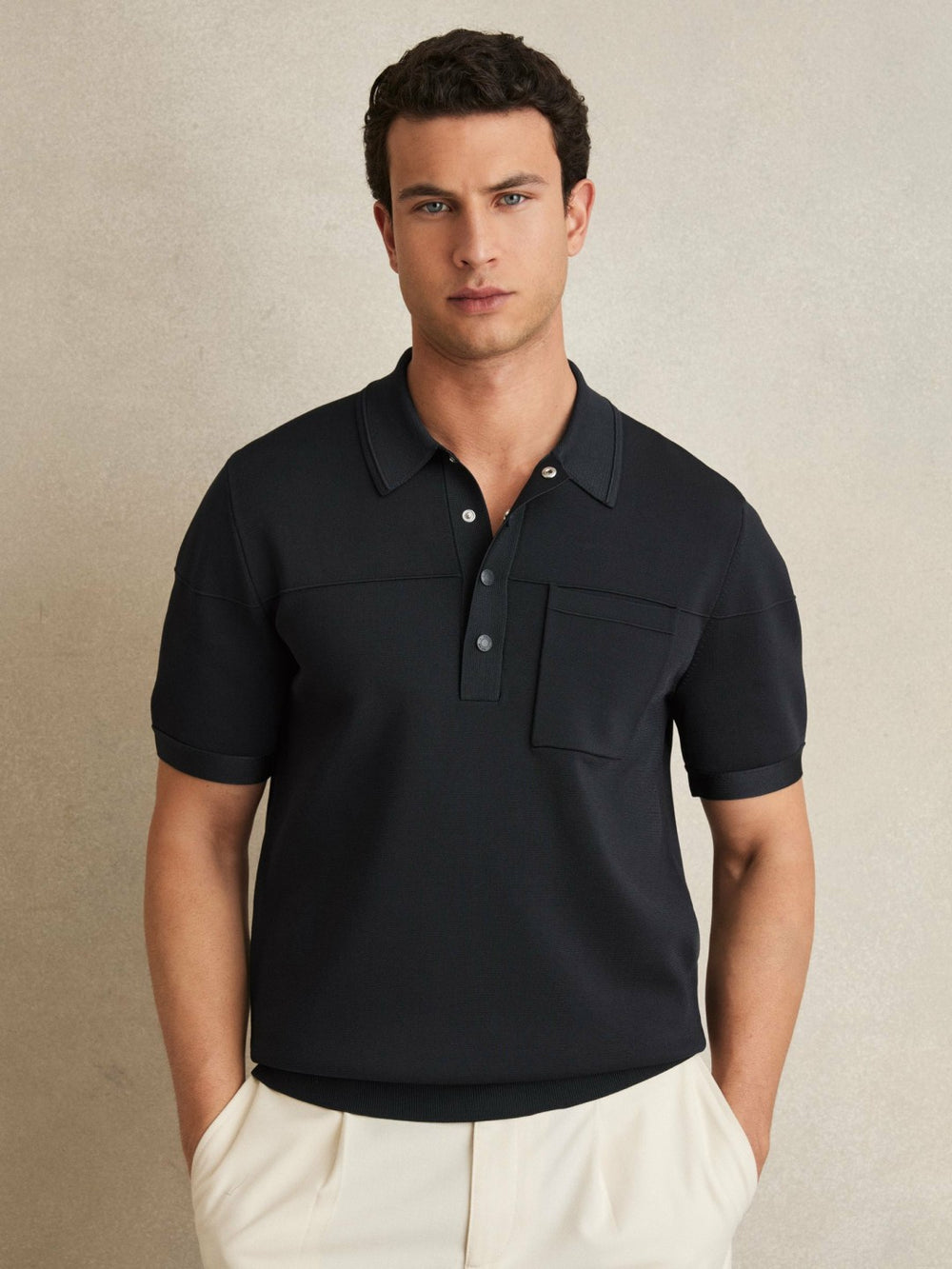 Press-Stud Seam-Detail Polo Shirt in Navy