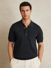 Press-Stud Seam-Detail Polo Shirt in Navy