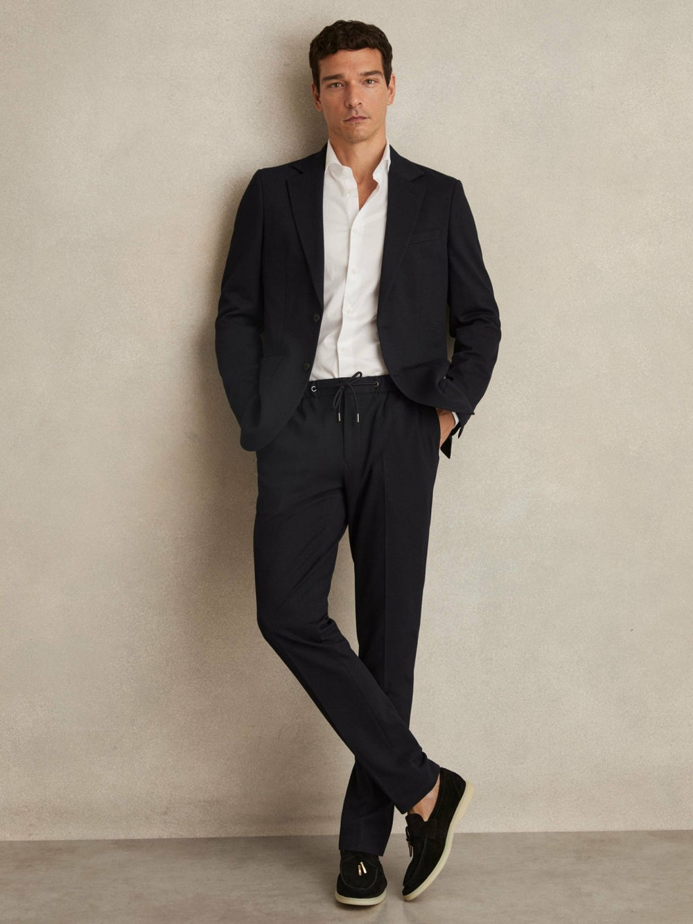 Slim Fit Jersey Drawstring Suit Trousers in Navy