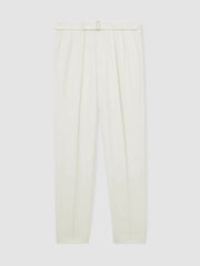 Wool-Blend Belted Pleated Trousers Regular-Fit in White