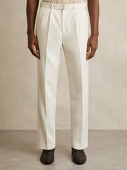 Wool-Blend Belted Pleated Trousers Regular-Fit in White