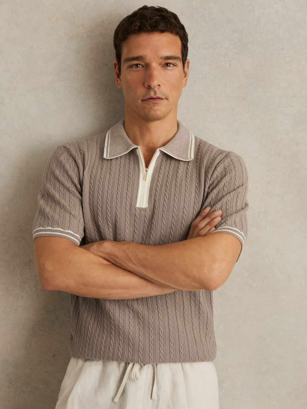 Micro-Cable Half-Zip Polo Shirt in Light Taupe Brown