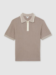 Micro-Cable Half-Zip Polo Shirt in Light Taupe Brown