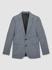 Slim Fit Single Breasted Linen Check Suit Blazer in Soft Blue