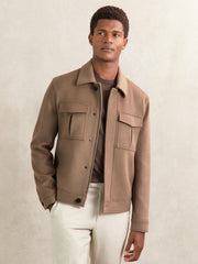 Wool Blend Twin Pocket Zipped Jacket in Dark Brown